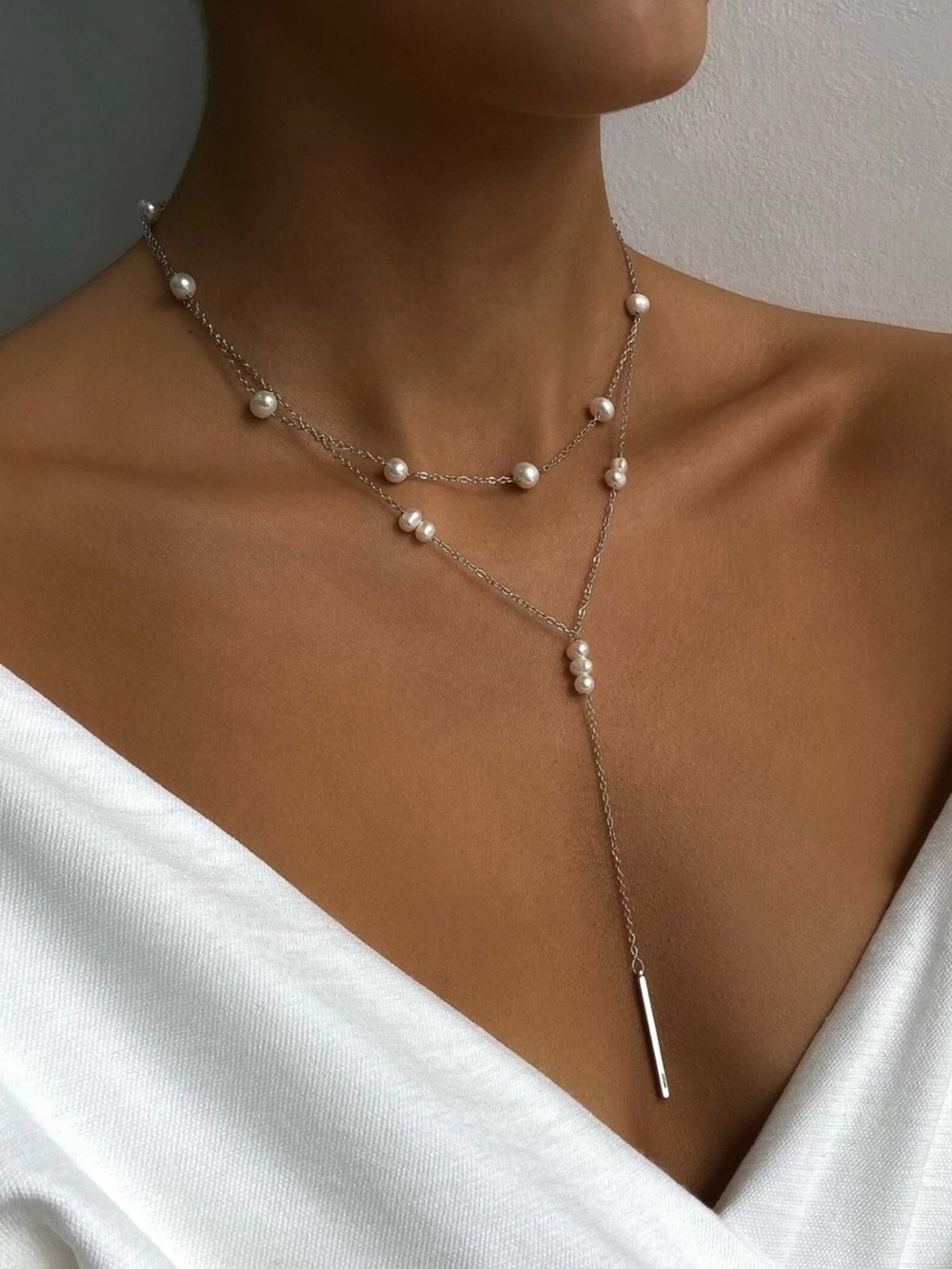 Silver Layered Pearl Y Necklace Lariat Tassel Drop Bridal Minimalist Statement